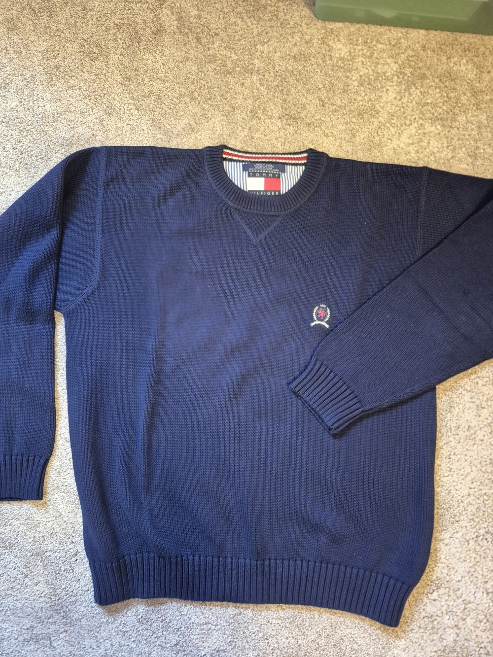 NWOT Old Stock TH Brand Navy Crewneck Cotton Sweater with Crest Detail Large